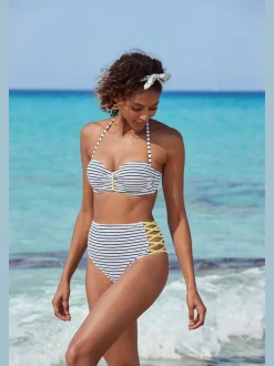 Bas de maillot de bain taille haute à rayures avec rubans croisés