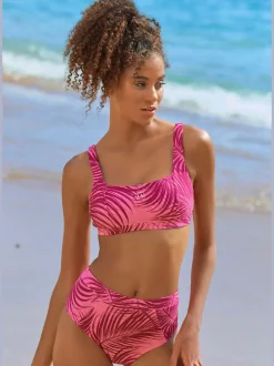 Bas de maillot de bain taille haute avec imprimé palmiers et bretelles larges