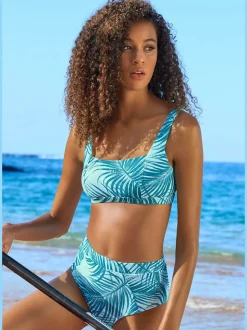 Bas de maillot de bain taille haute avec imprimé palmiers et bretelles larges