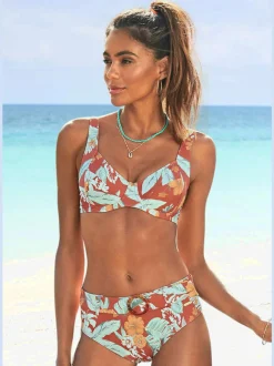 Bas de maillot de bain taille haute à motif tropical avec ceinture