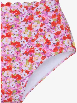Bas de maillot de bain taille haute avec bords ondulés et motifs floraux