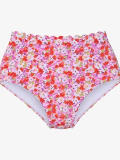 Bas de maillot de bain taille haute avec bords ondulés et motifs floraux