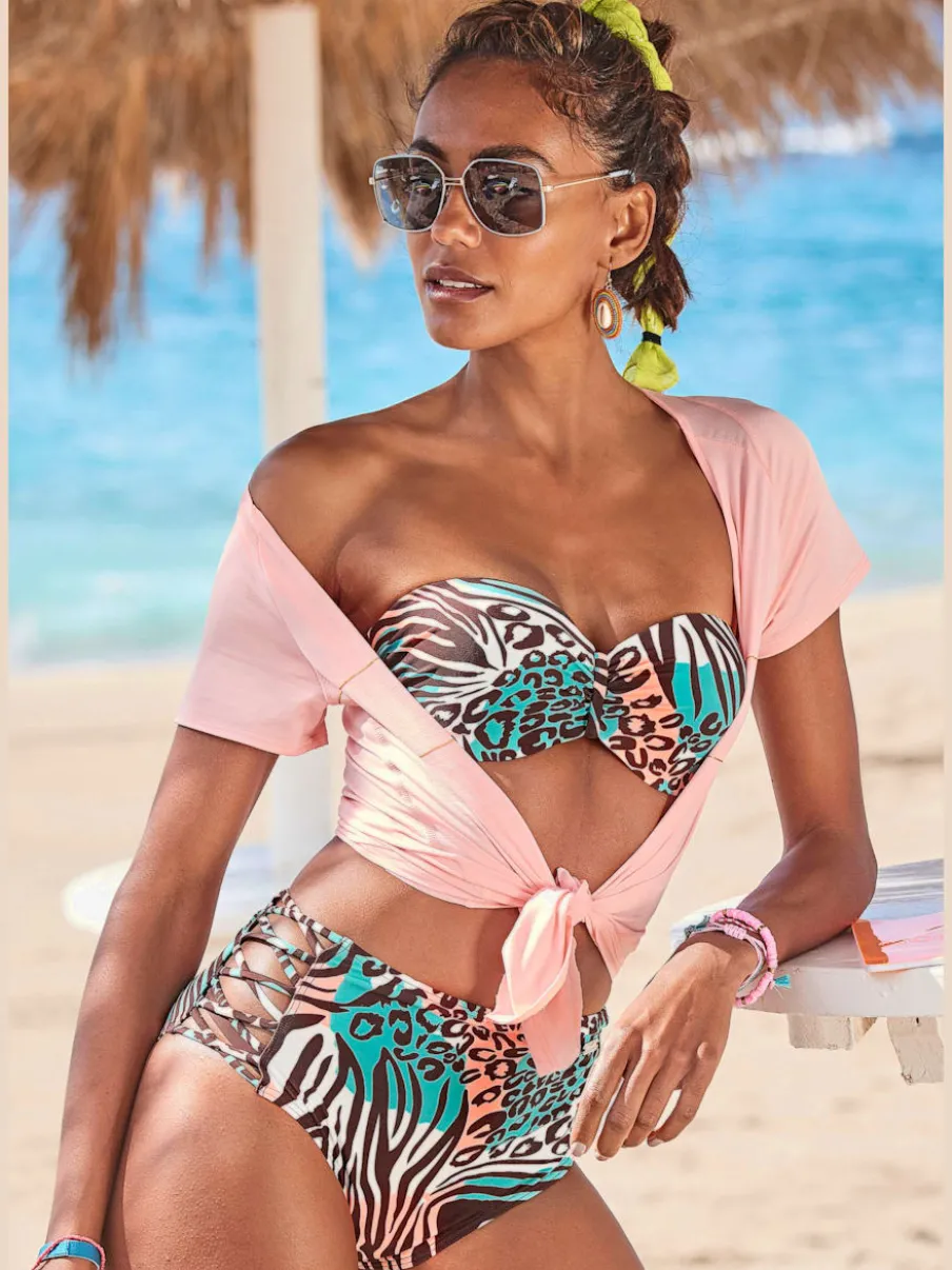 Bas de maillot de bain taille haute avec imprimé animal et rubans latéraux