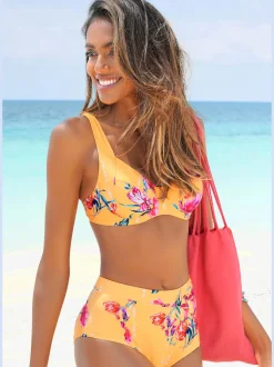 Bas de maillot de bain taille haute à motifs floraux en microfibre douce