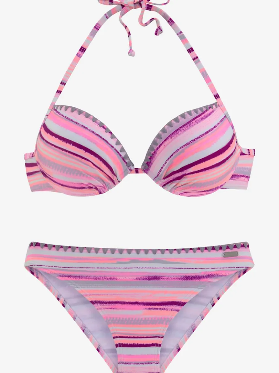 Bikinis rayés avec bonnets rembourrés et bordures crochet