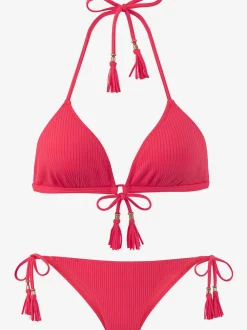 Bikini triangle à structure côtelée avec houppes et bonnets amovibles