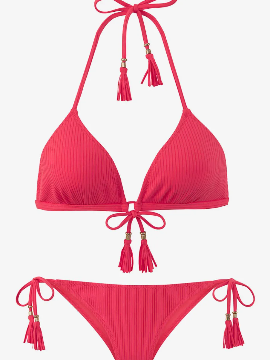 Bikini triangle à structure côtelée avec houppes et bonnets amovibles