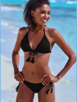 Bikini triangle à structure côtelée avec houppes et bonnets amovibles