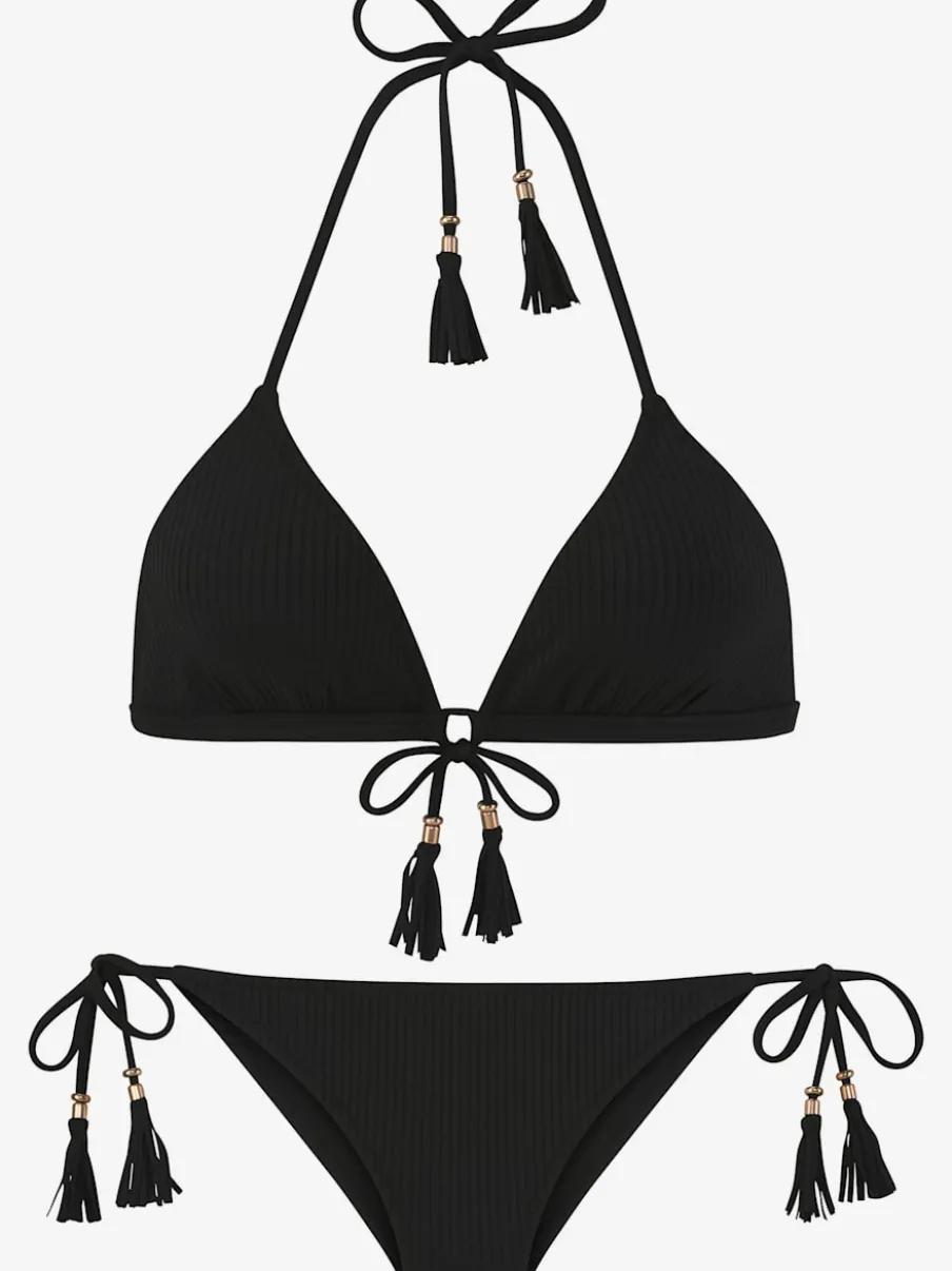 Bikini triangle à structure côtelée avec houppes et bonnets amovibles