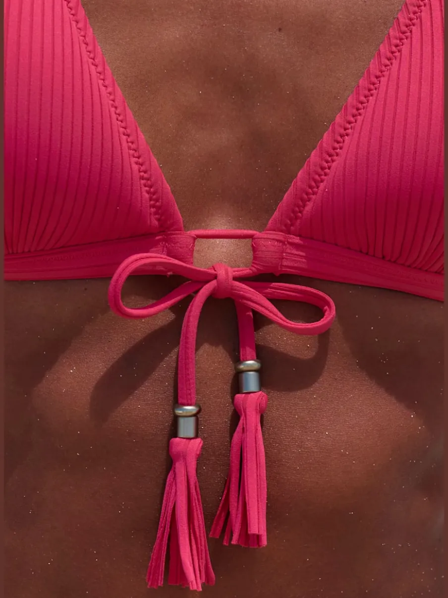 Bikini triangle à structure côtelée avec houppes et bonnets amovibles