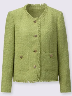 Blazer bouclé à encolure ronde avec franges et poches décoratives
