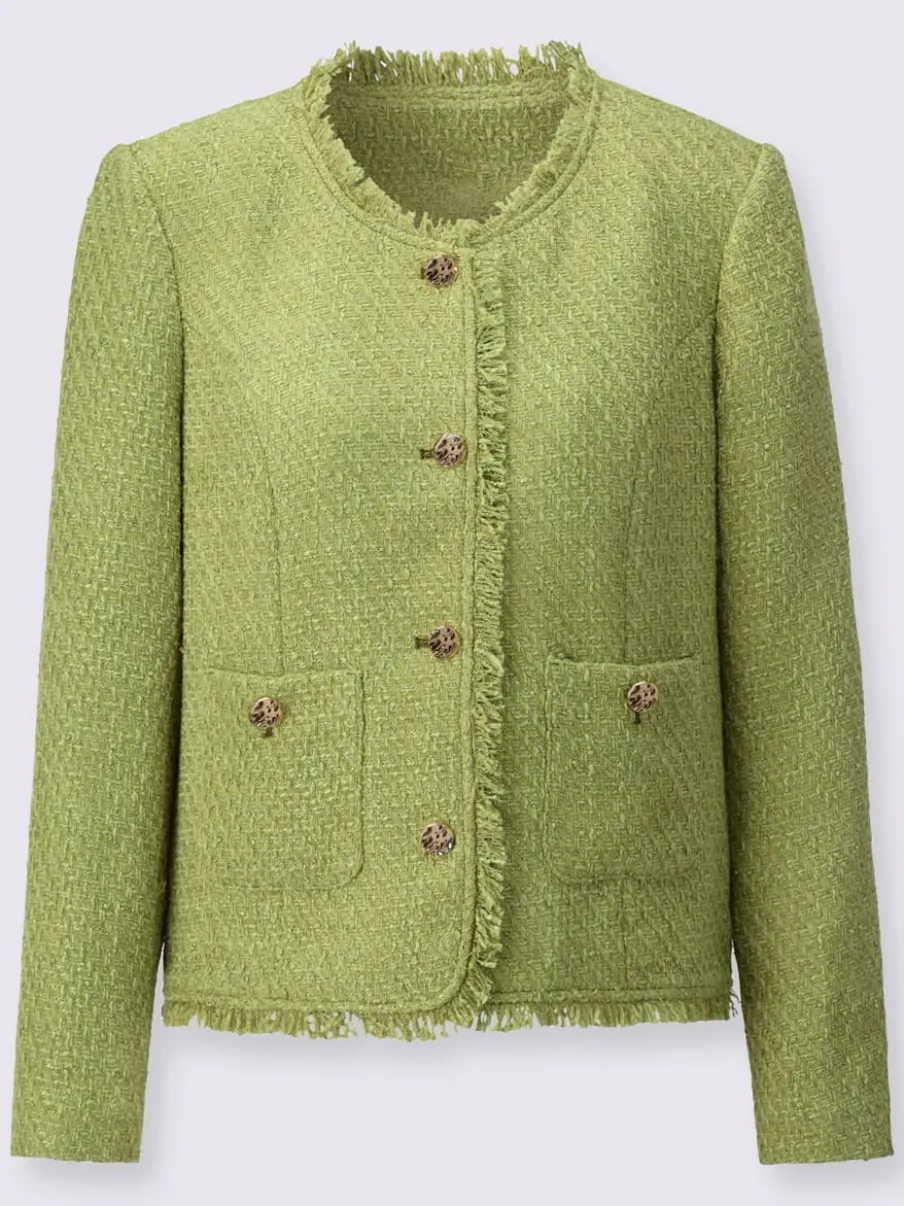 Blazer bouclé à encolure ronde avec franges et poches décoratives