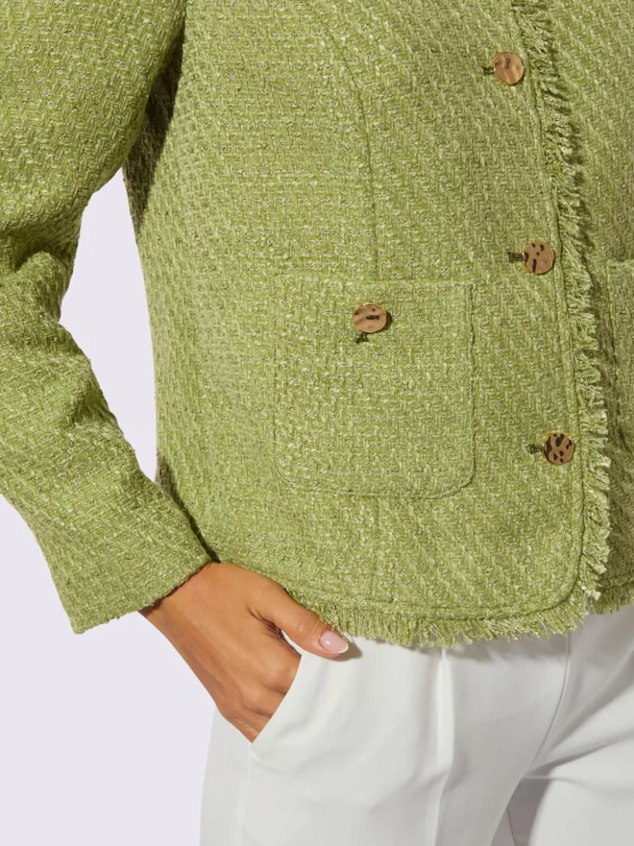 Blazer bouclé à encolure ronde avec franges et poches décoratives