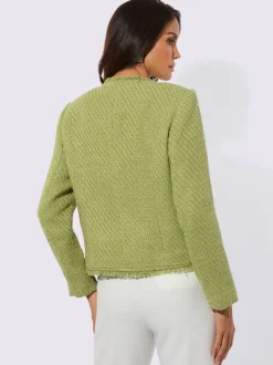 Blazer bouclé à encolure ronde avec franges et poches décoratives