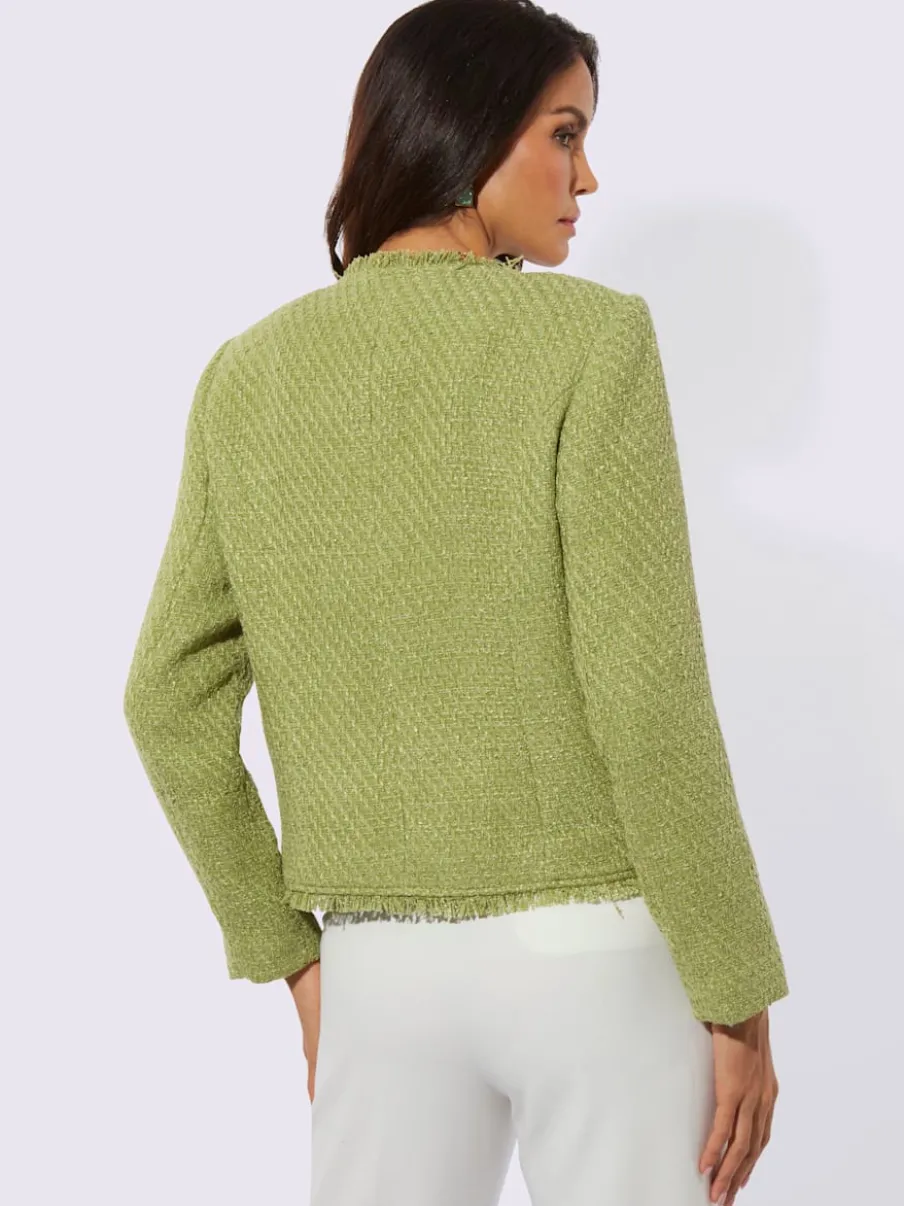 Blazer bouclé à encolure ronde avec franges et poches décoratives