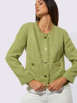 Blazer bouclé à encolure ronde avec franges et poches décoratives
