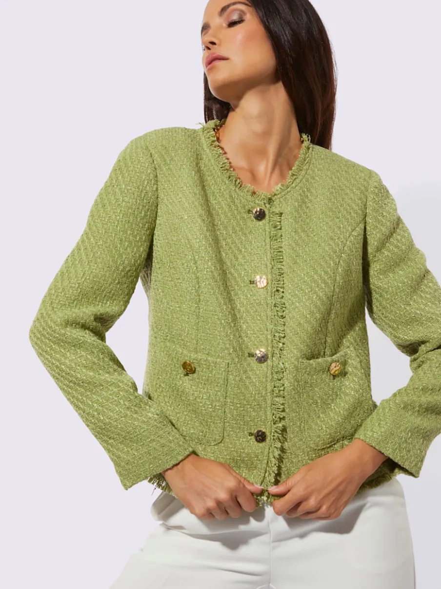Blazer bouclé à encolure ronde avec franges et poches décoratives