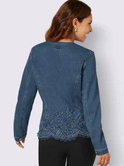 Blazer chemisier en jean à broderies et boutons raffinés