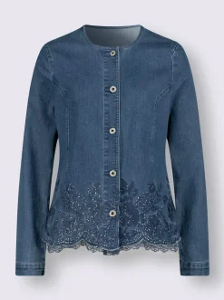 Blazer chemisier en jean à broderies et boutons raffinés