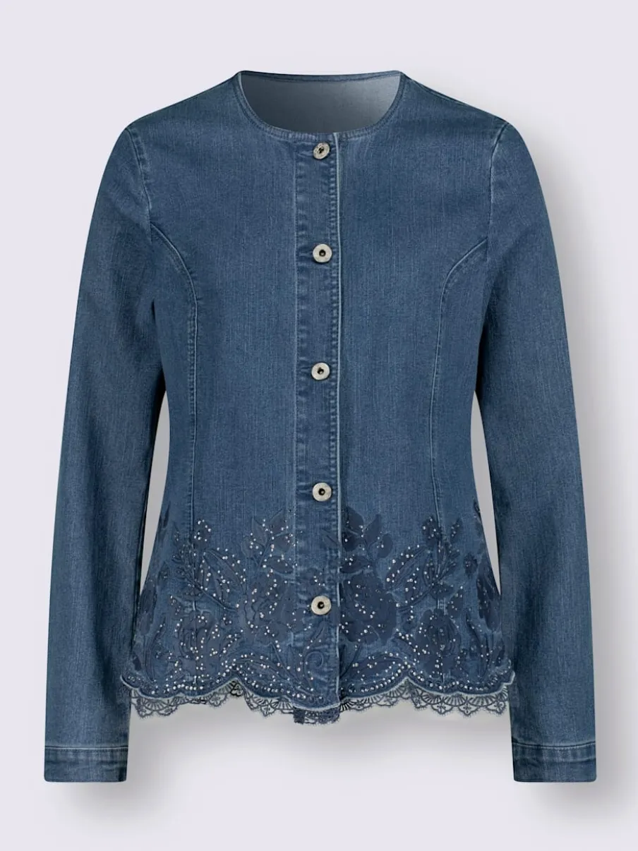Blazer chemisier en jean à broderies et boutons raffinés