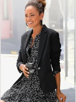 Blazer court à carreaux avec col à revers et poches passepoilées