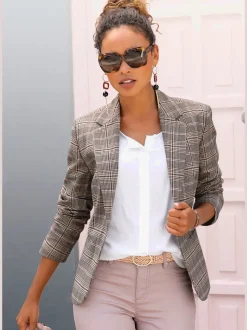 Blazer court à carreaux avec col à revers et poches passepoilées