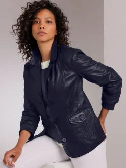 Blazer en cuir à col revers et poches décoratives