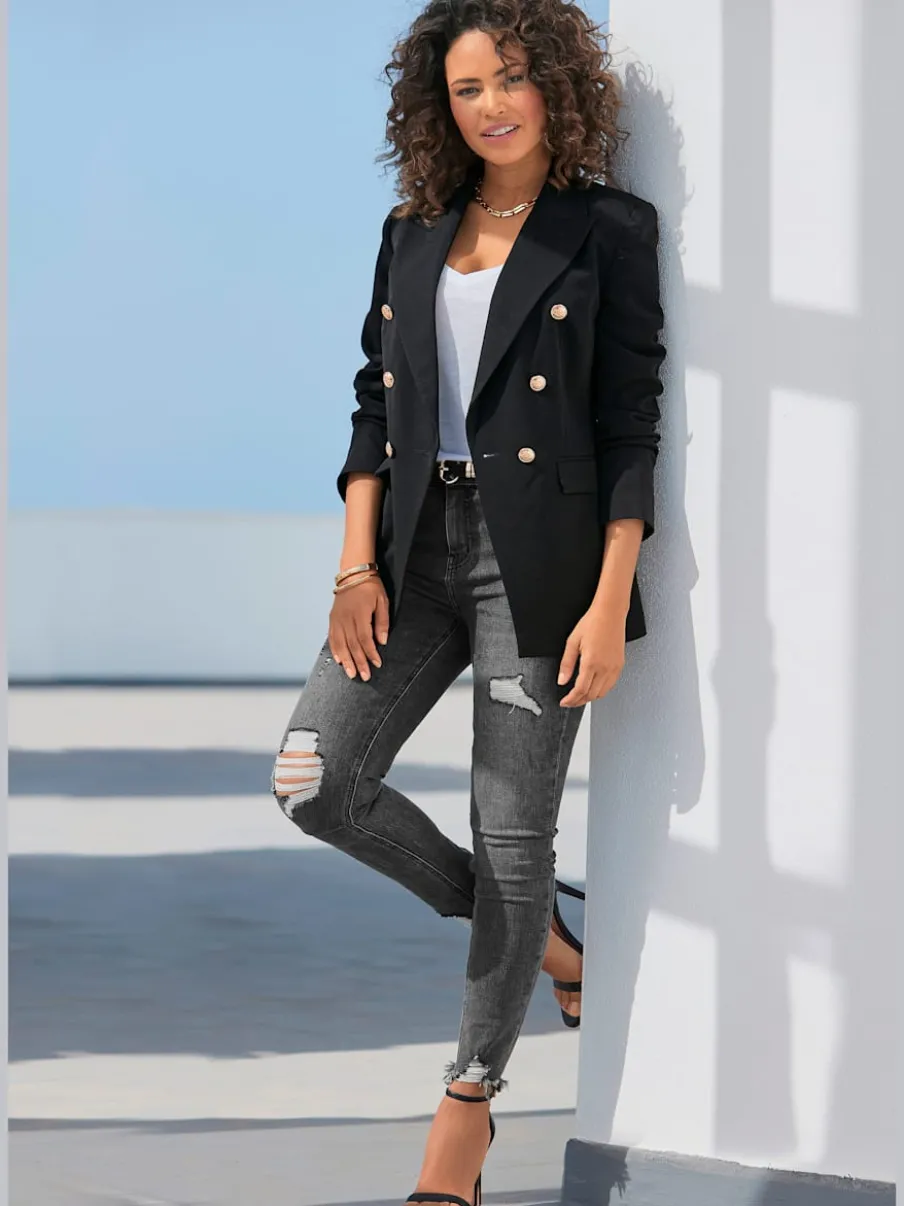 Blazer long classique à col revers avec boutons dorés et poches