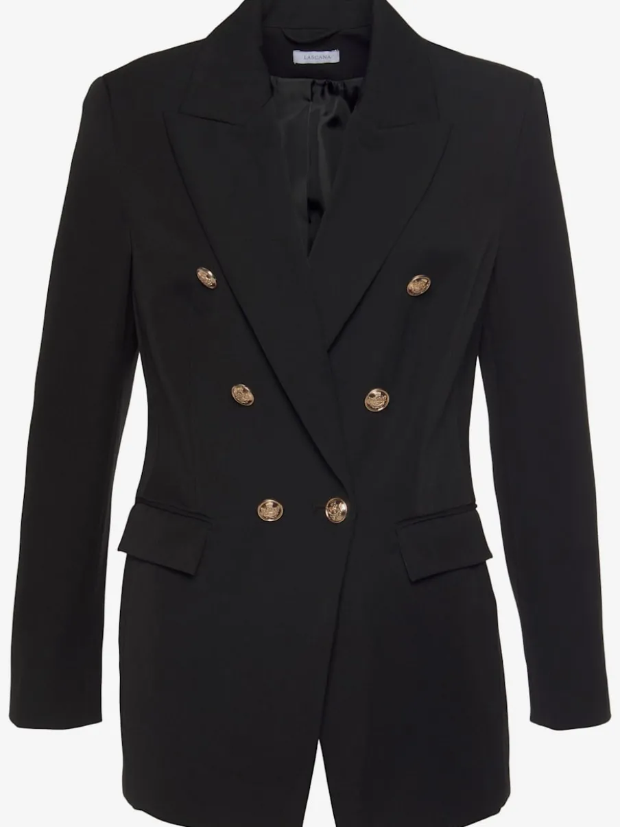 Blazer long classique à col revers avec boutons dorés et poches