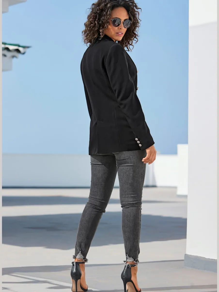 Blazer long classique à col revers avec boutons dorés et poches