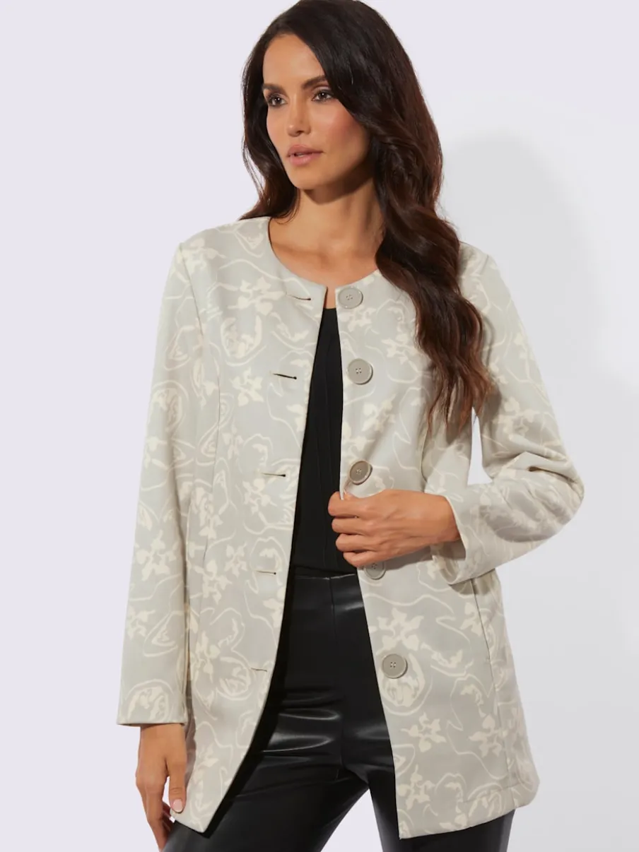 Blazer long à col rond et à patte de boutonnage avec motif floral