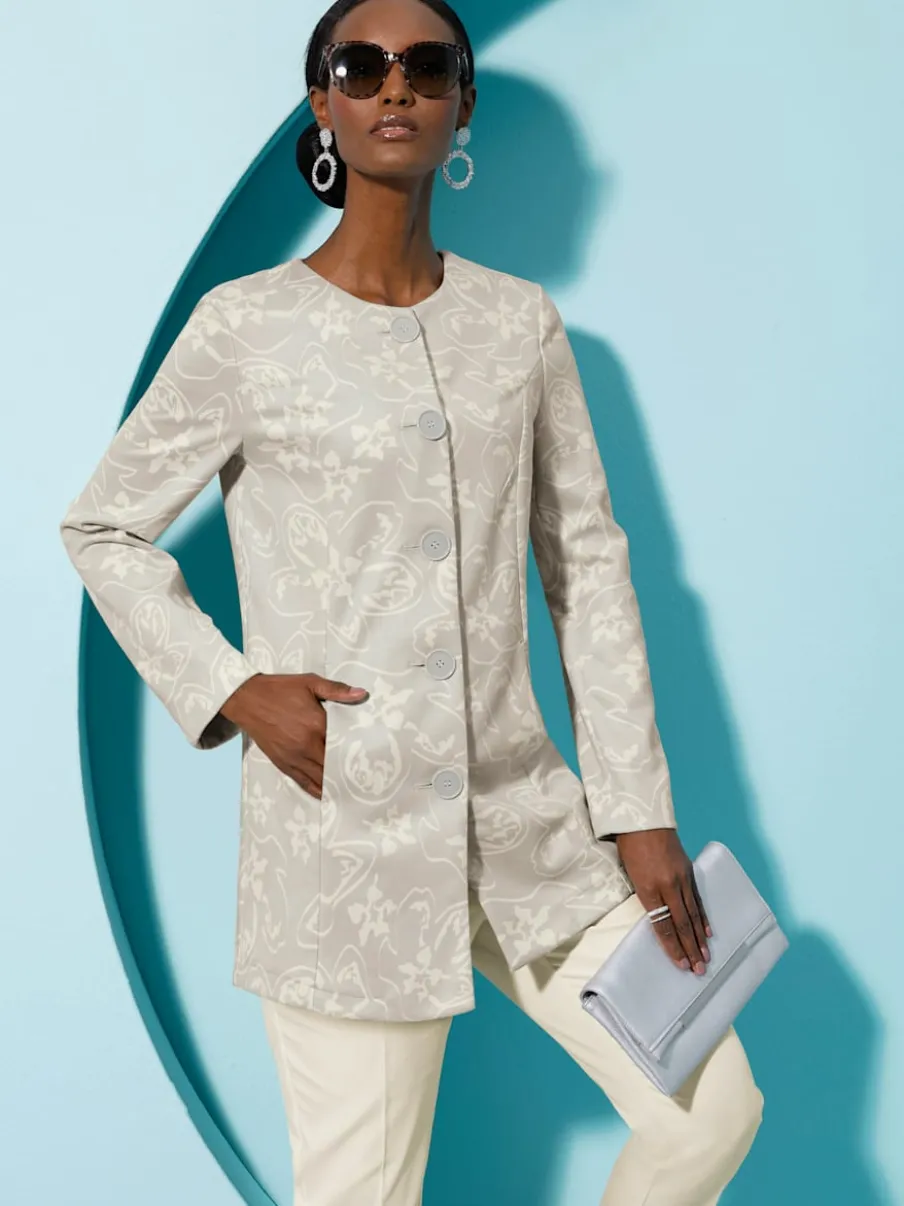Blazer long à col rond et à patte de boutonnage avec motif floral