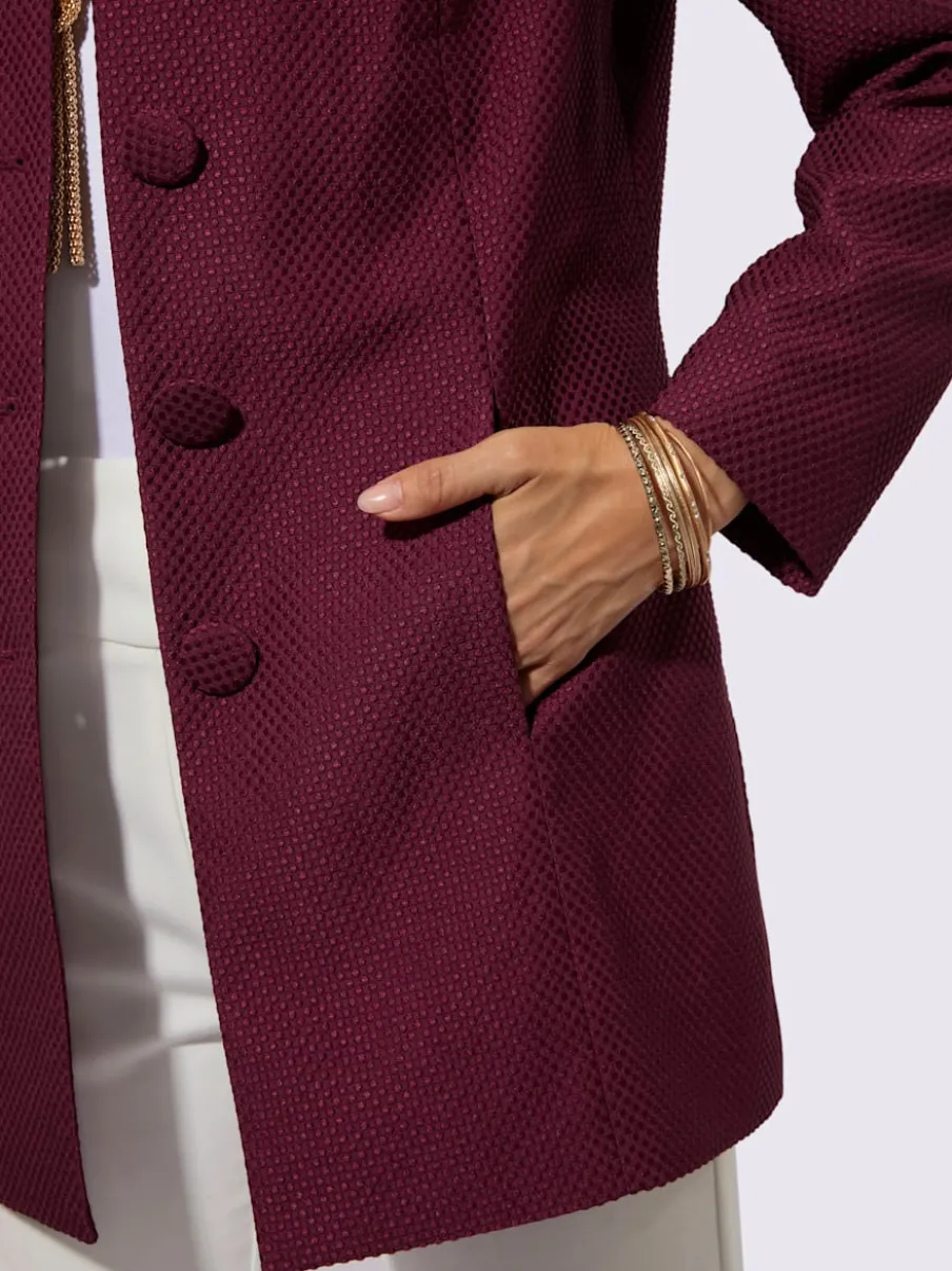 Blazer long à encolure ronde et poches avec finition jacquard