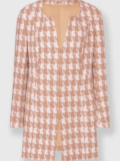 Blazer long motif pied-de-poule avec poches cousues