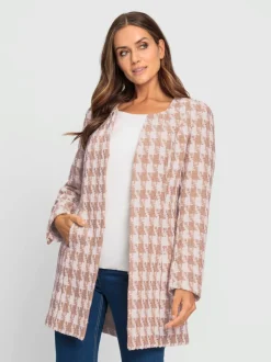Blazer long motif pied-de-poule avec poches cousues