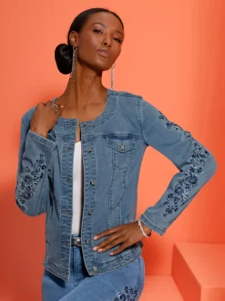 Blazers en jean avec manches brodées et poches intégrées