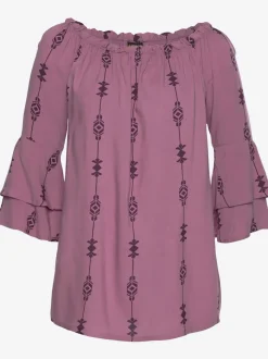 Blouse carmen à encolure élastiquée et manches 3/4 volantes