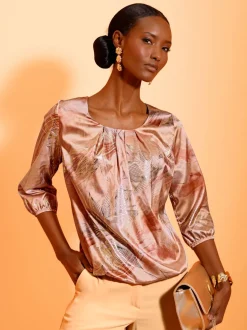 Blouse à col rond plissé et manches 3/4 élastiquées