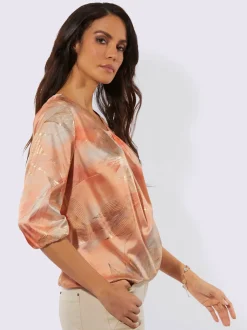 Blouse à col rond plissé et manches 3/4 élastiquées