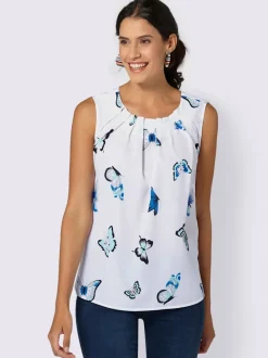 Blouse fluide sans manches imprimée avec plis décoratifs