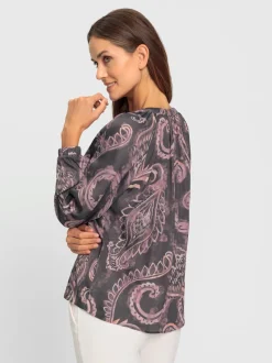 Blouse satin fluide motif paisley manches longues fronces