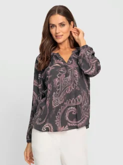 Blouse satin fluide motif paisley manches longues fronces