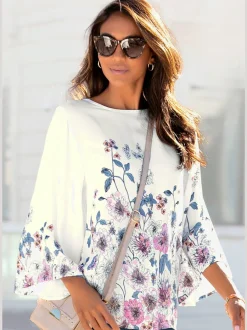 Blouses à fleurs avec manches 3/4 et col rond