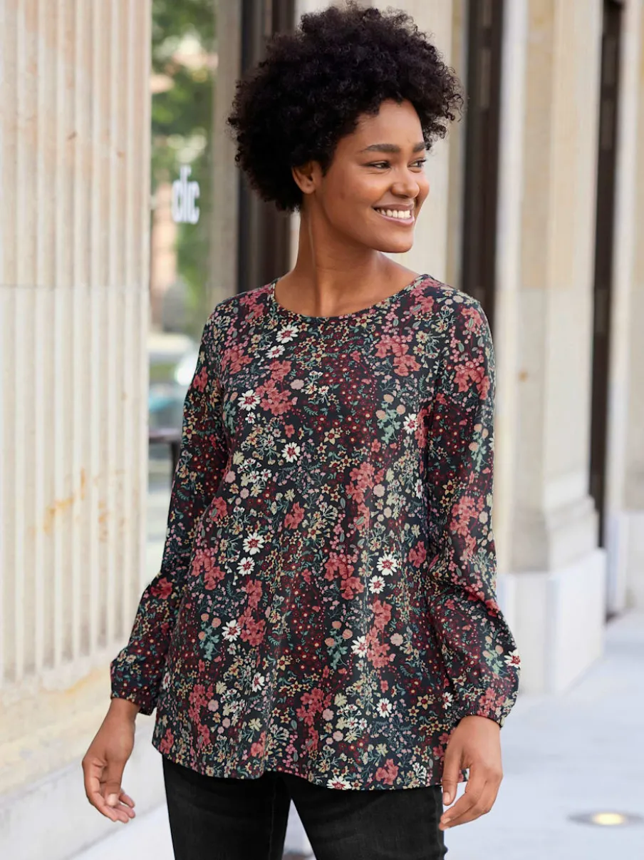 Blouse évasée à encolure ronde imprimée de fleurs