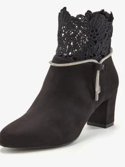 Bottines avec empiècement en dentelle élégant et chaînes brillantes et tendance