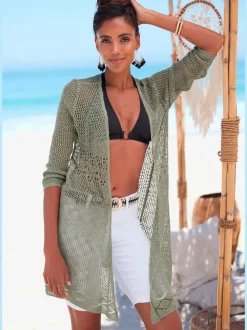 Cardigan ajouré à manches 3/4 en tricot doux