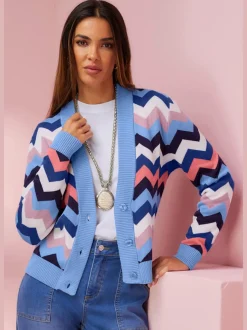 Cardigan ample avec encolure en V et zigzags graphiques