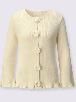 Cardigan à col rond et manches longues avec fleurs tricotées