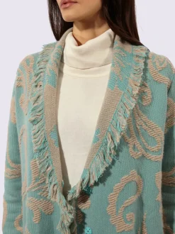 Cardigan en tricot jacquard avec col châle et franges