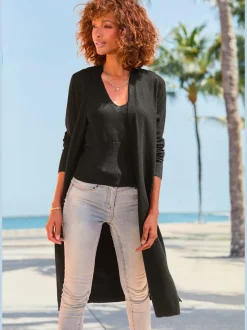 Cardigan long à manches longues en tricot doux avec bords-côtes